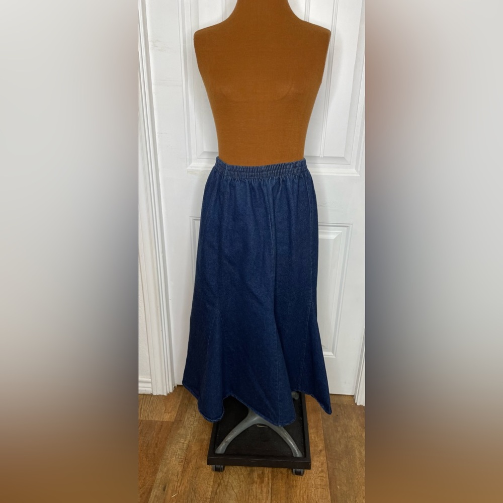 Maxi Length Flared Hem Denim Jean Skirt Elastic Waist OS